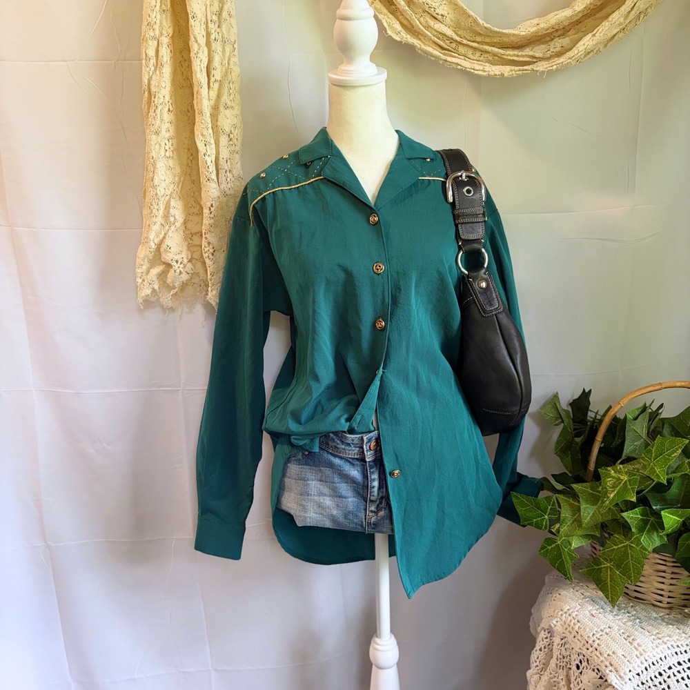 Vintage GW Division of Graff Western Teal Studded Button Down Shirt Womens Small
